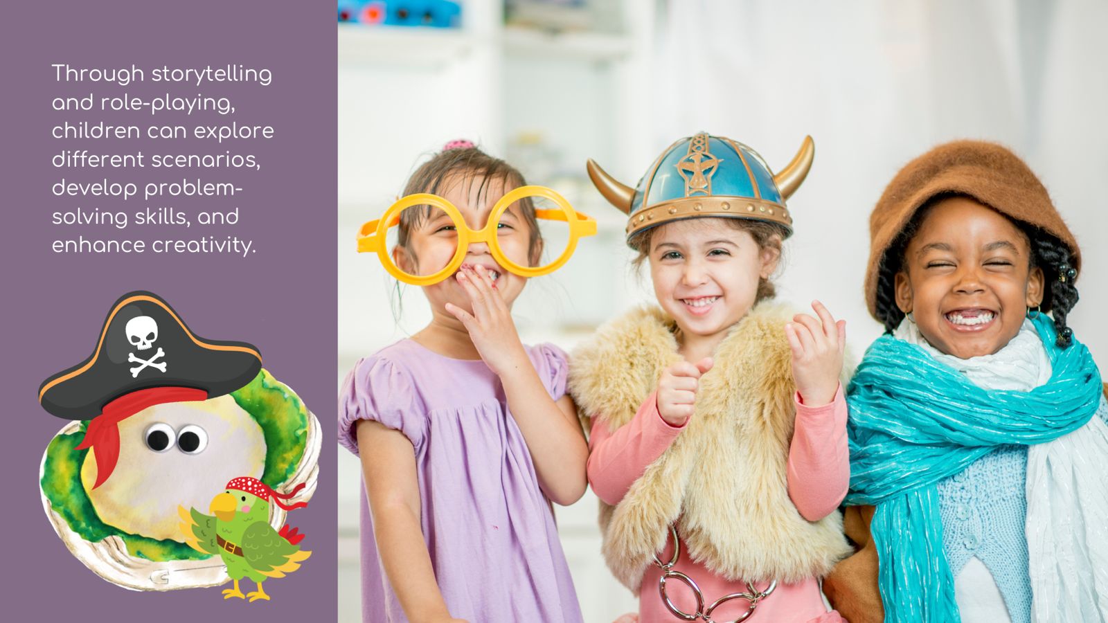Happy children play in EYFS curriculum together, with role-play and storytelling through resources from Let's Grow.