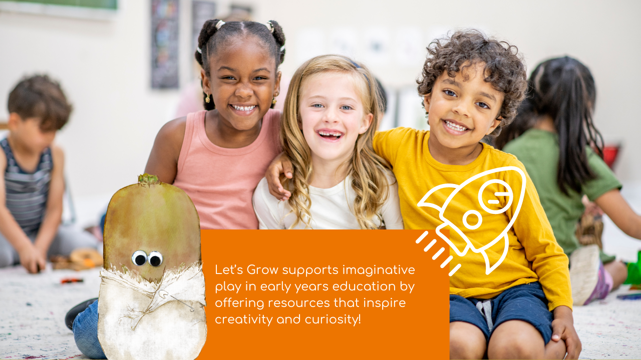 A focus on 3 happy children together, with one of the baby vegetables from Let's Grow, showing the power of imaginative play.