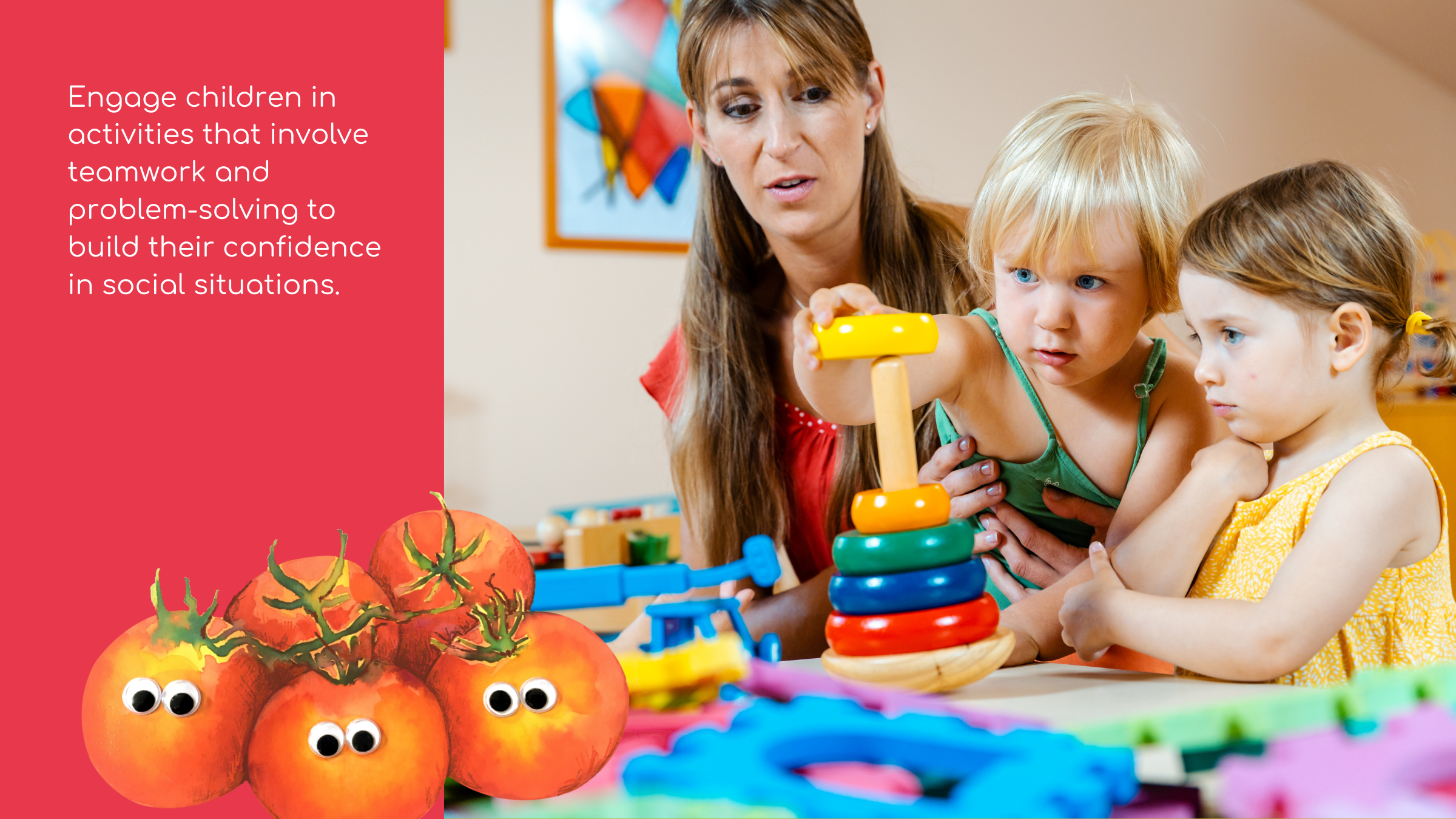 A woman, with two early years children, a boy and a girl, playing with putting coloured wooden pieces over a wooden peg.