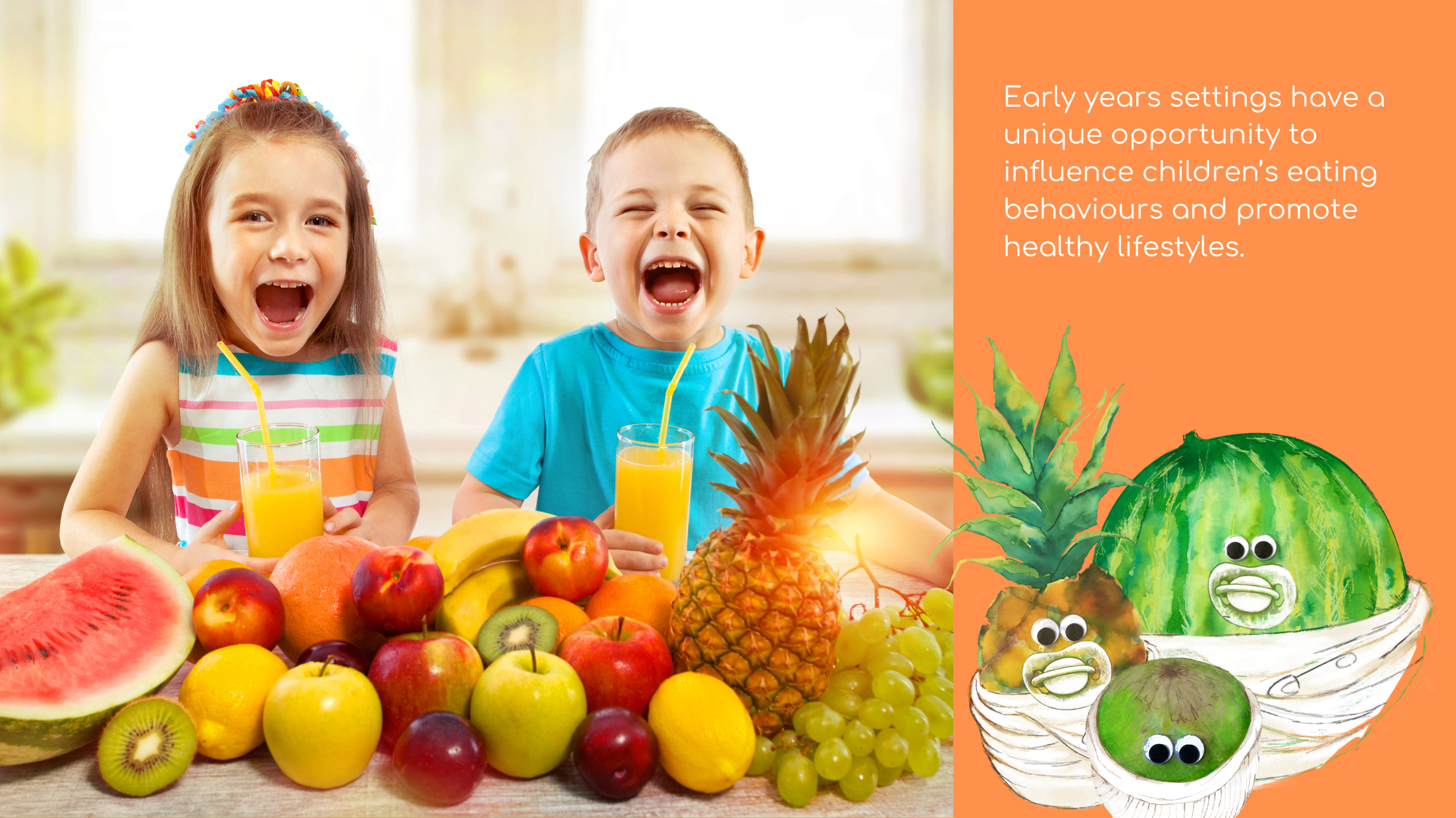 A young boy and girl, standing in front of a table of fresh fruit, drinking fresh juice, feeling super happy and healthy.